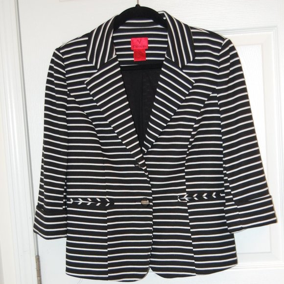 Christine V Black & White Striped 2 Button Women's Jacket Size Medium - Picture 1 of 10